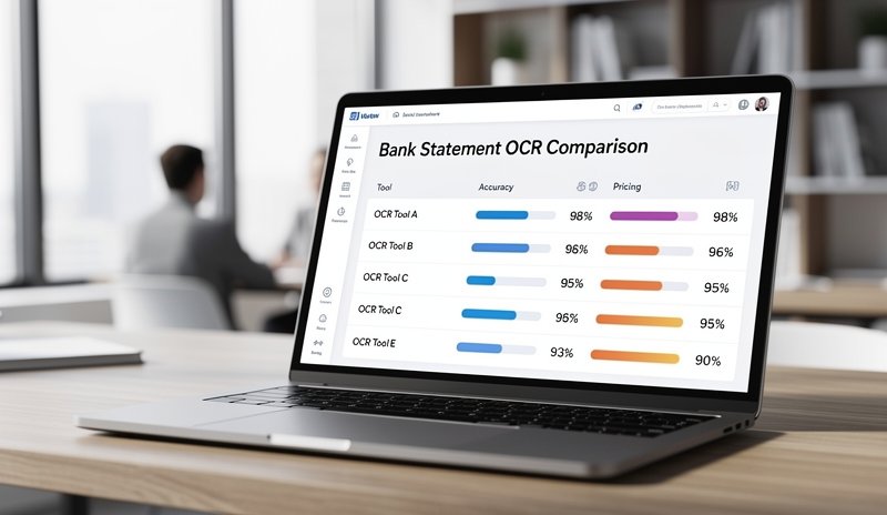 Comparison table showing 5 bank statement OCR converter tools with accuracy ratings on a SaaS dashboard